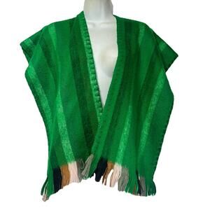 Vintage 1960s Green Striped Wrap Shawl Poncho Fringe OS